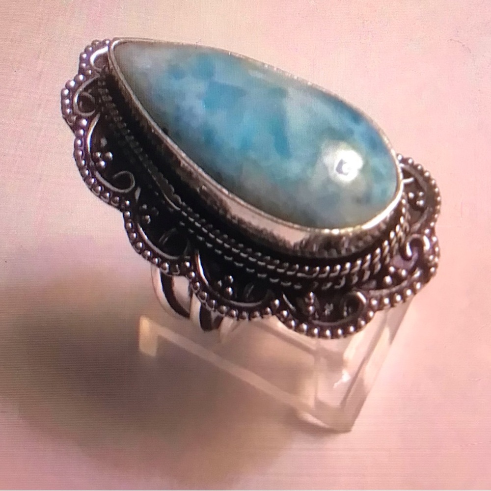 Larimar Stamped 925 Sterling Silver Ring
